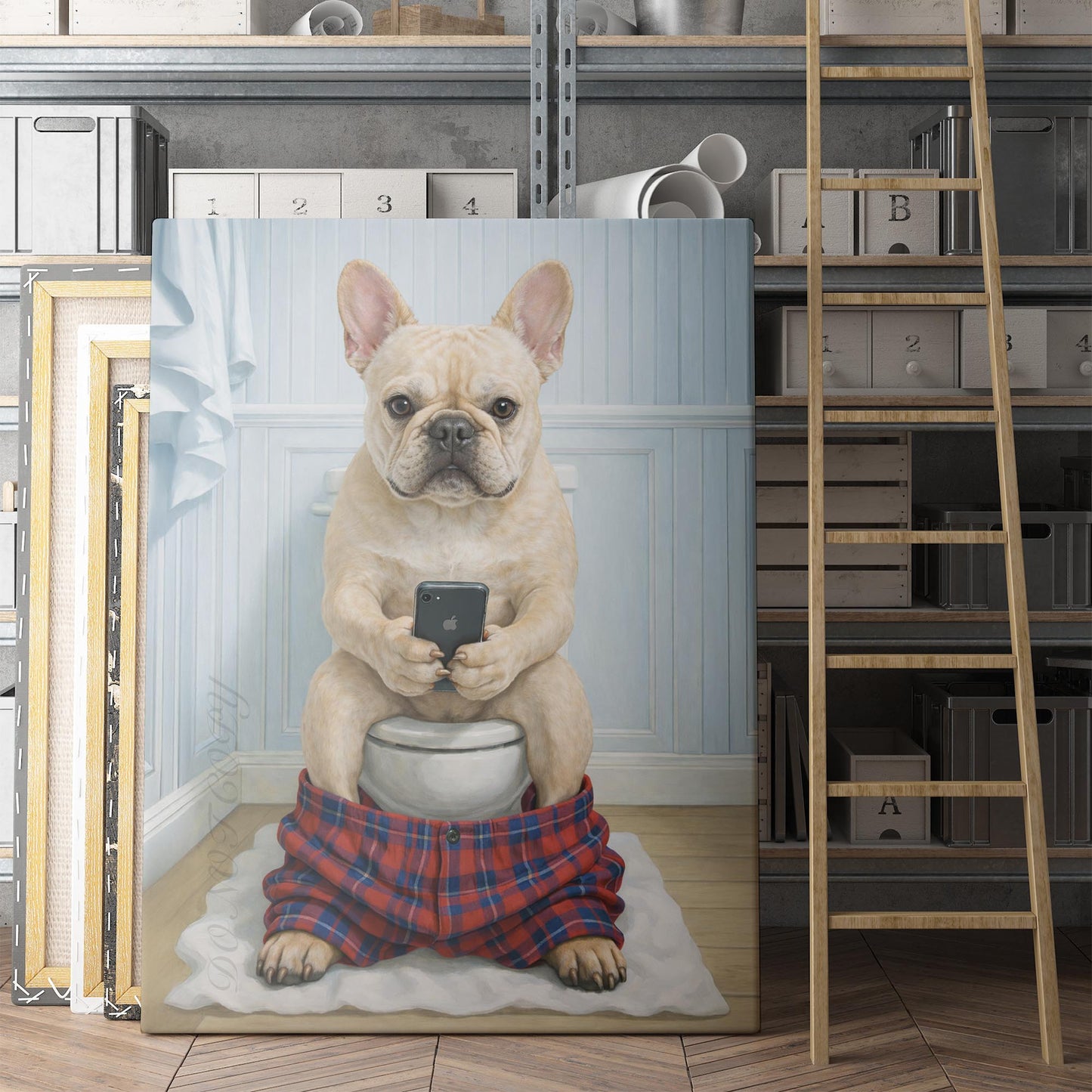 Cream French Bulldog On The Phone On The Toilet