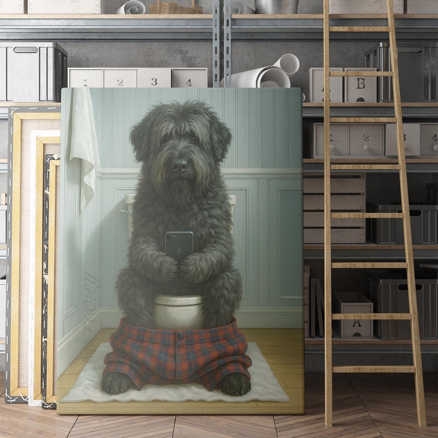 Bouvier des Flandres Dog On The Phone On The Toilet