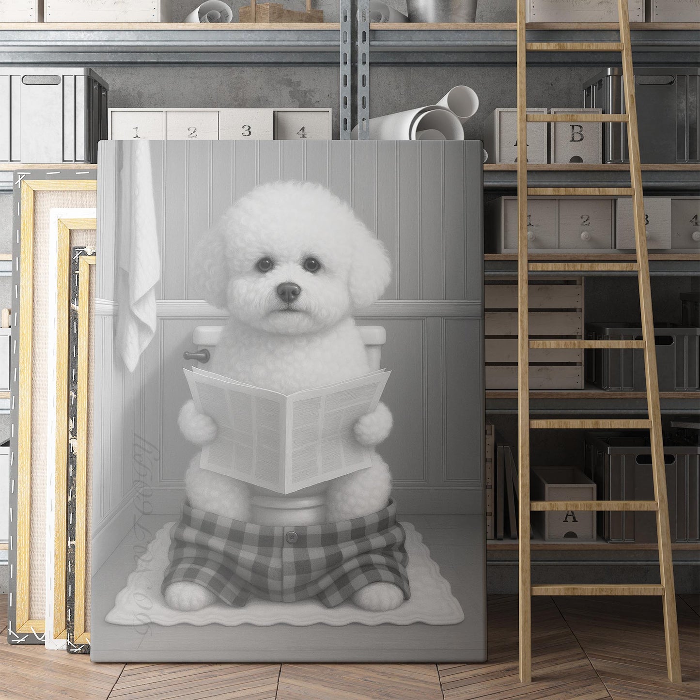 Bichon Frise Dog Reading The Newspaper On The Toilet