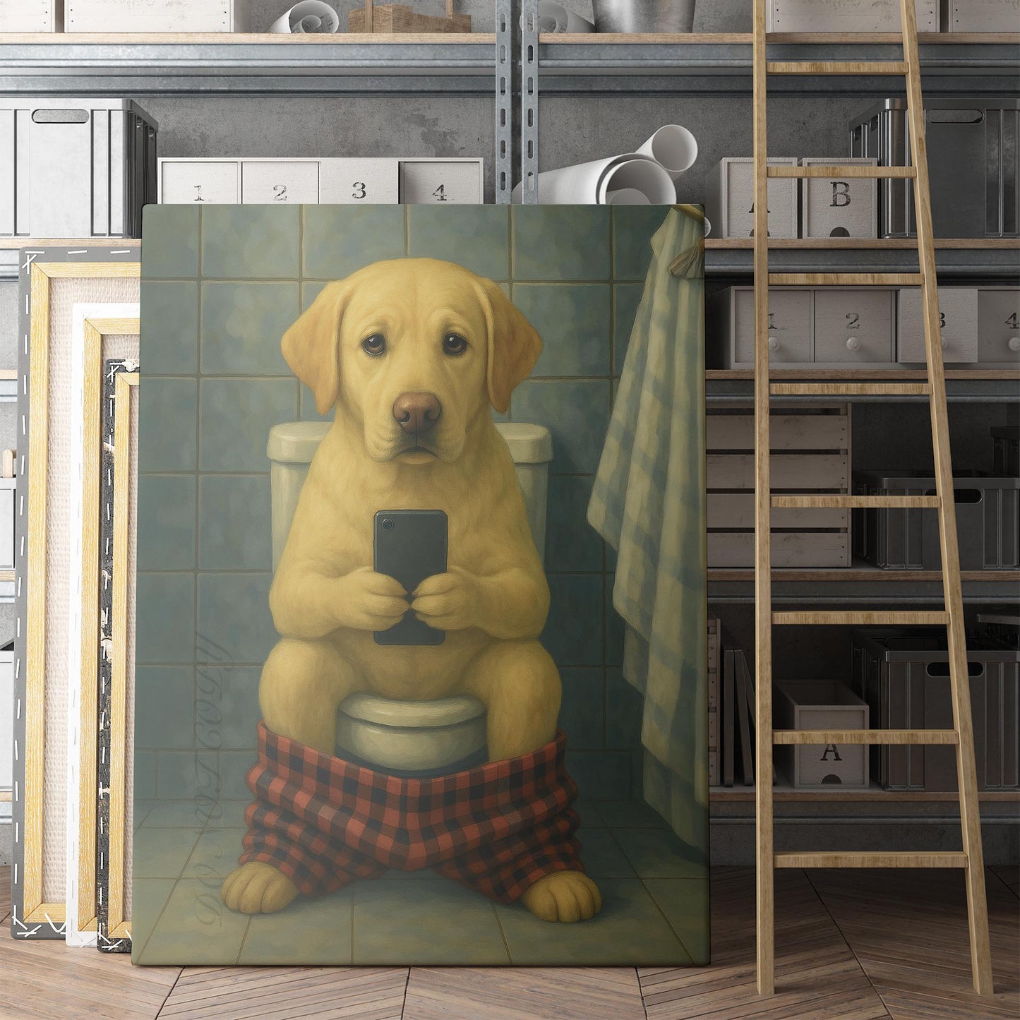 Yellow Labrador Retriever On The Phone On The Toilet