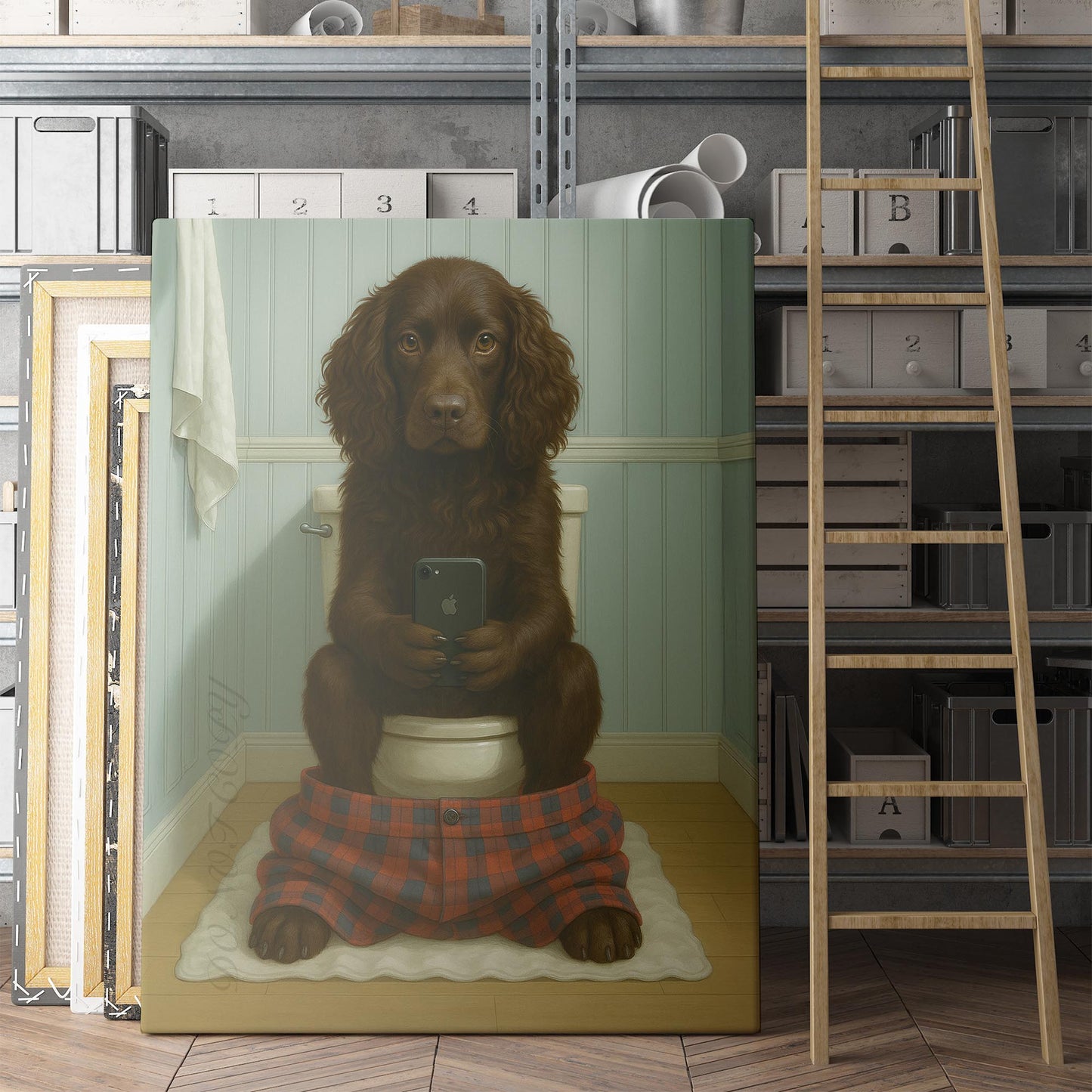 Boykin Spaniel Dog On The Phone On The Toilet