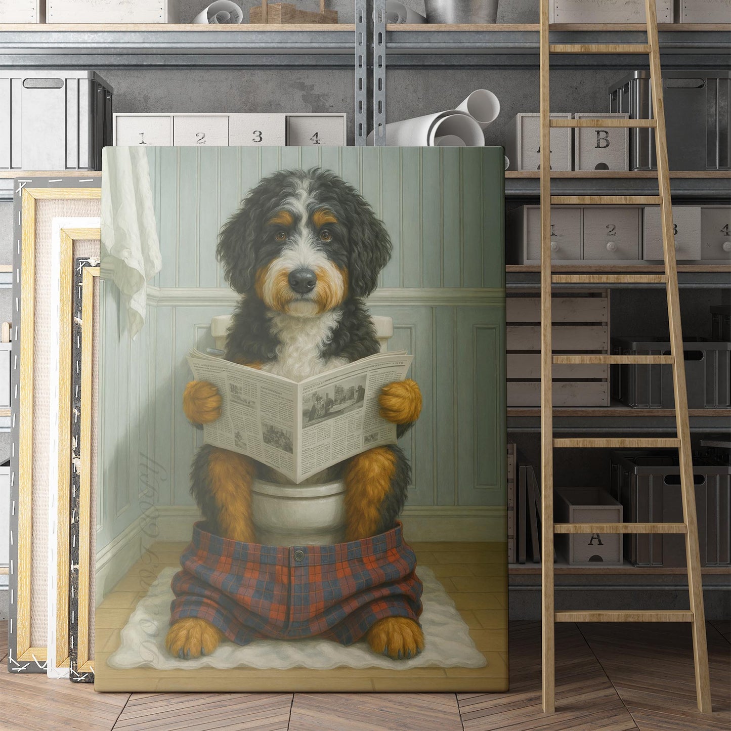 Bernedoodle Dog Reading The Newspaper On The Toilet