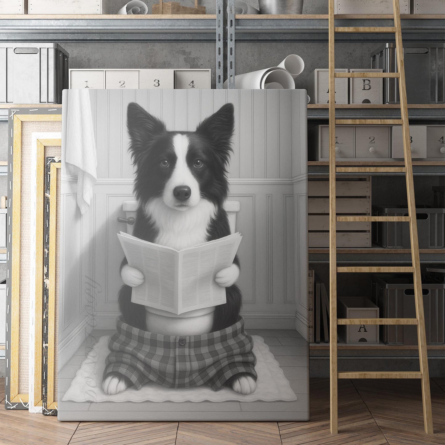 Border Collie Dog Reading The Newspaper On The Toilet