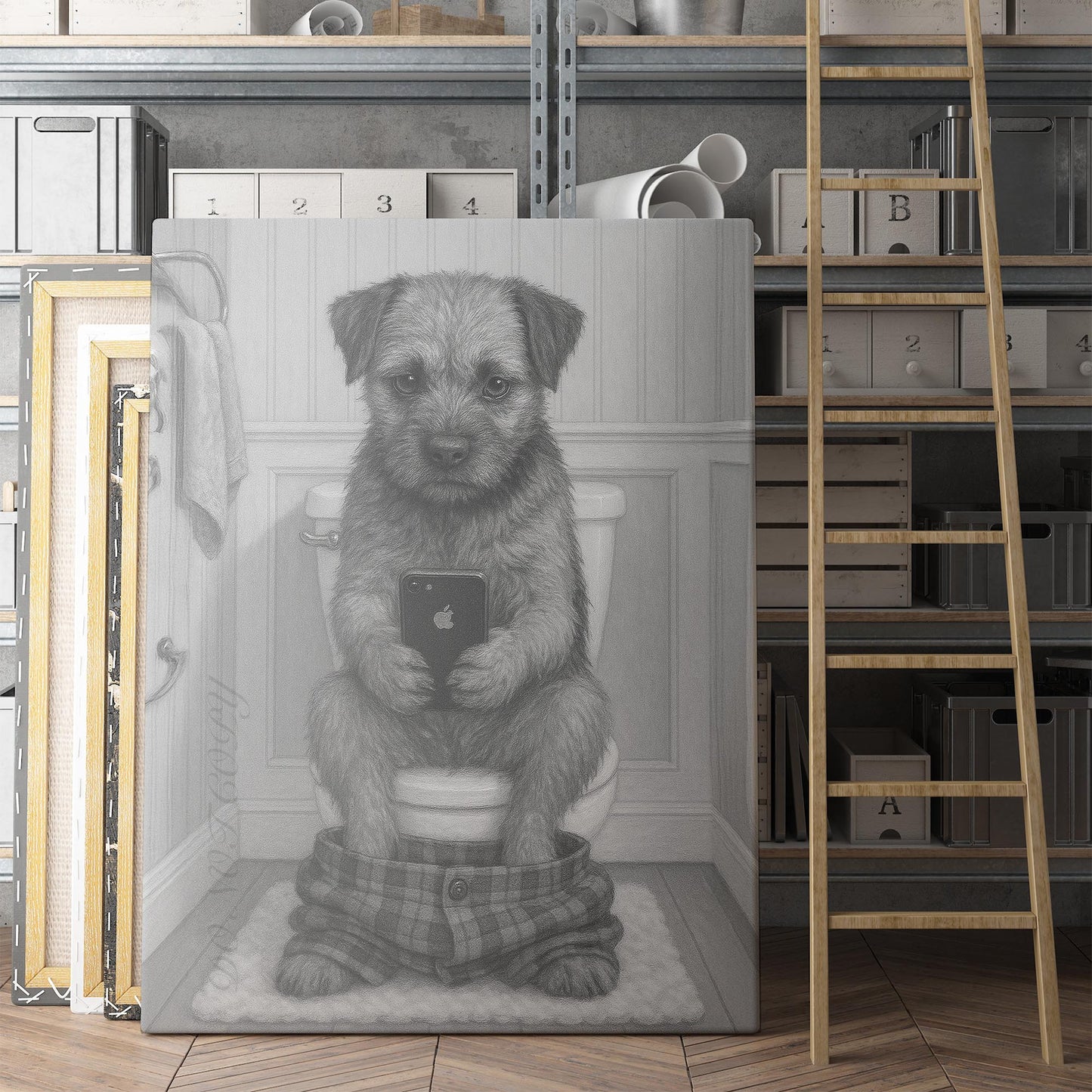 Border Terrier Dog On The Phone On The Toilet