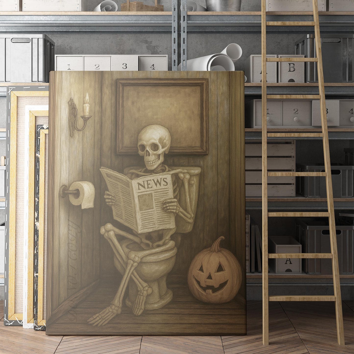 Skeleton Reading The Newspaper On The Toilet