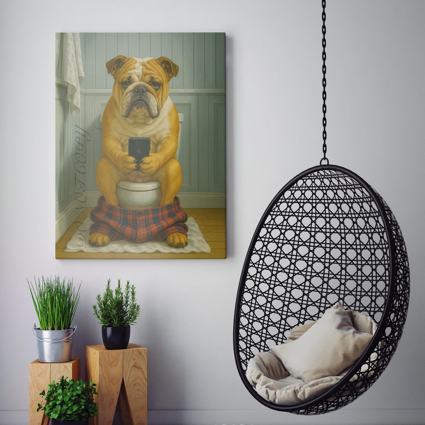 Bulldog On The Phone On The Toilet