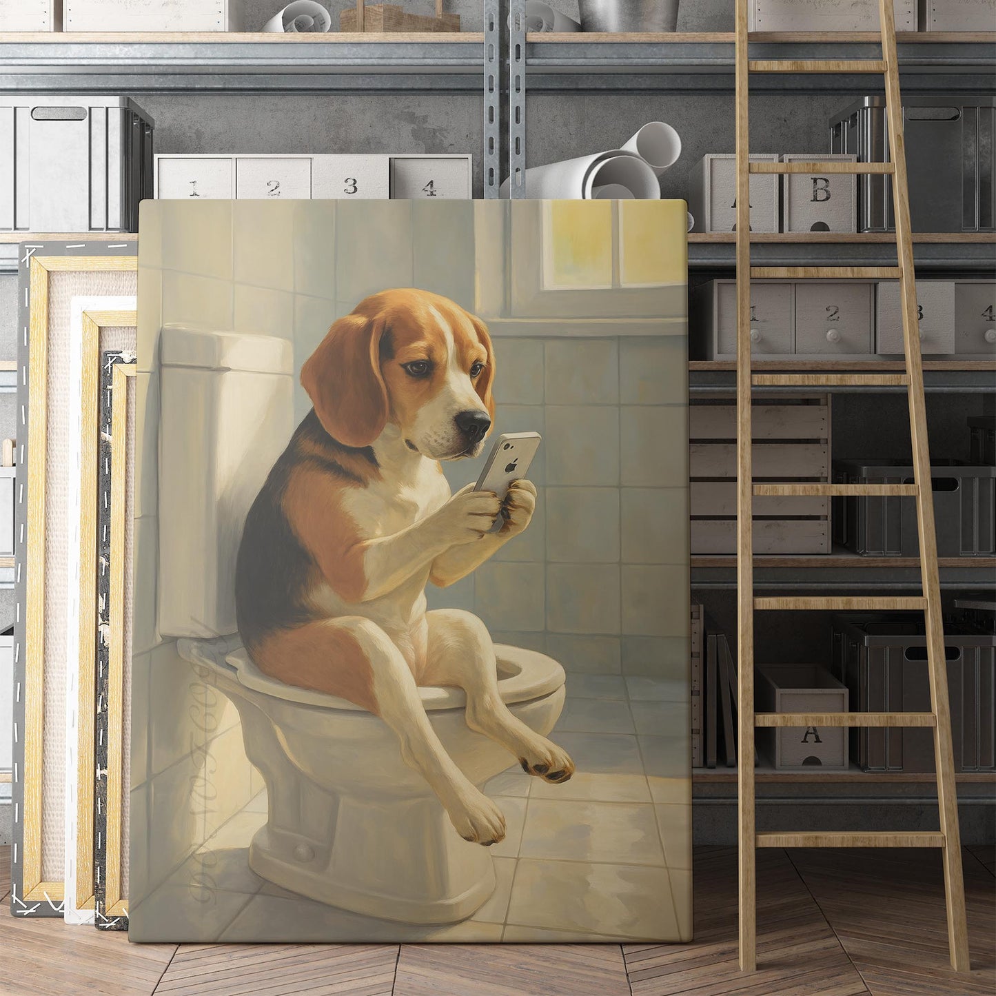 Beagle Dog On The Phone On The Toilet