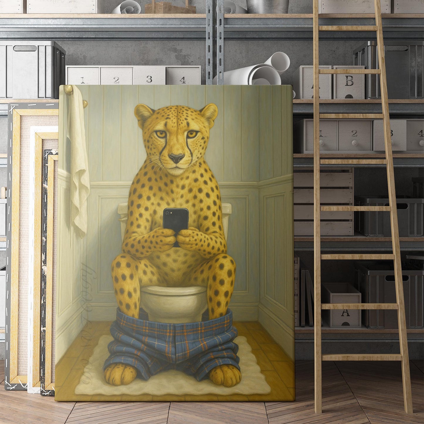 Cheetah On The Phone On The Toilet