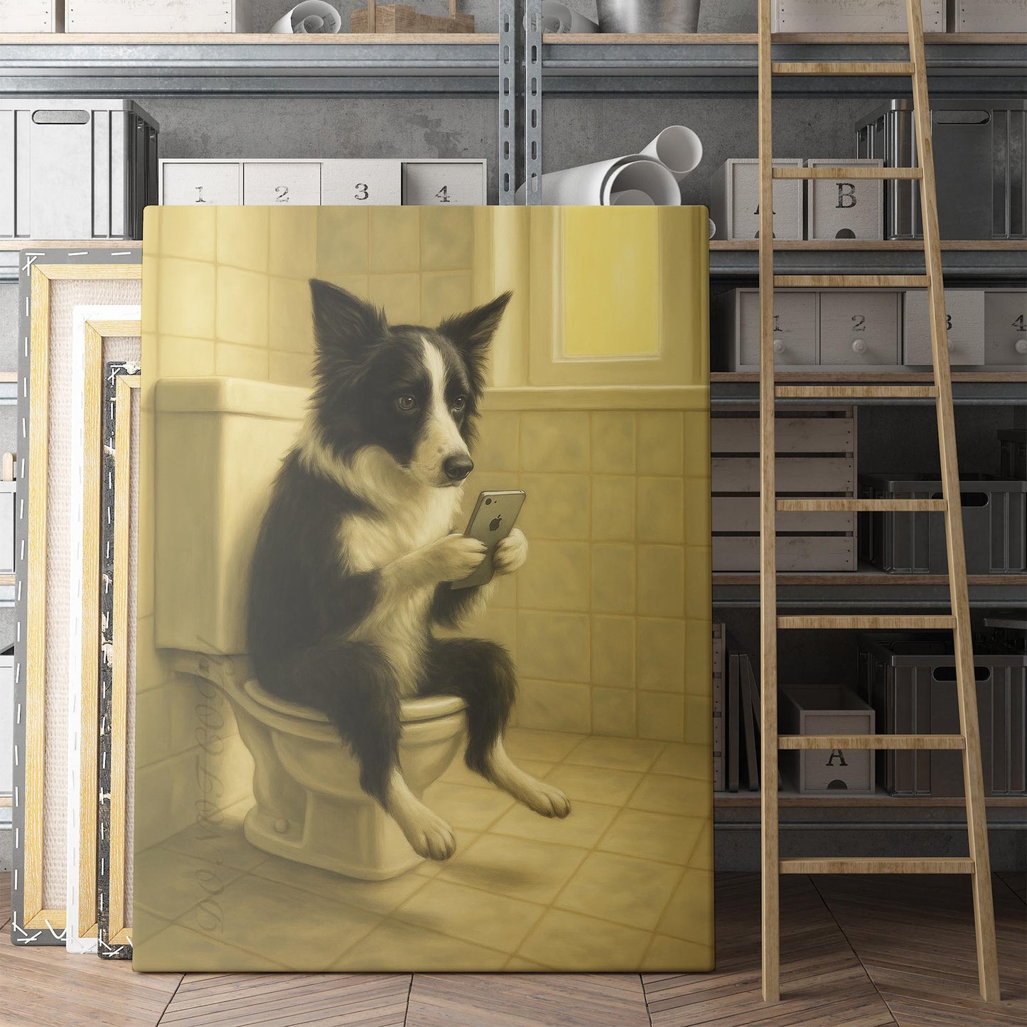 Border Collie On The Phone On The Toilet