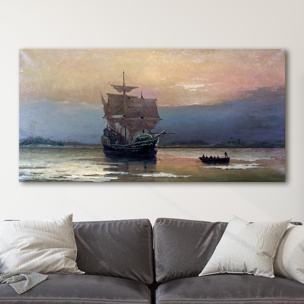 The Mayflower on Her Arrival in Plymouth Harbor by William Halsall (1882)
