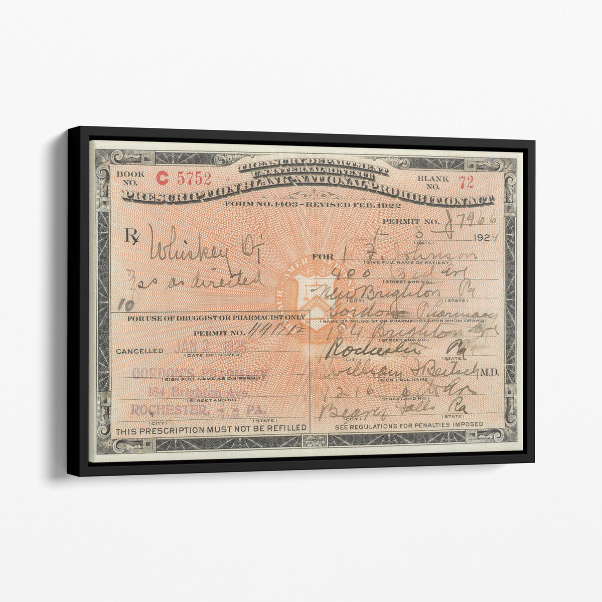 Prohibition Liquor Prescription - Medicinal Whiskey License