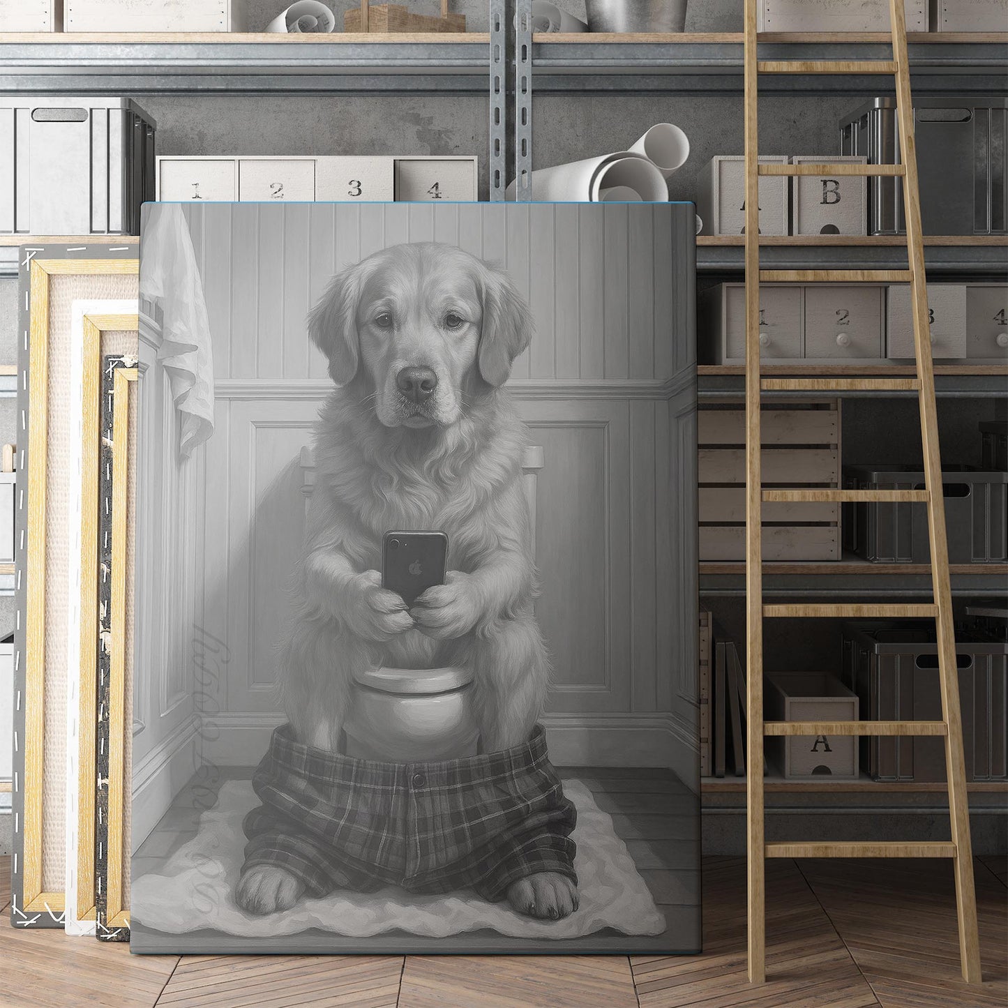 Golden Retriever Dog On The Phone On The Toilet