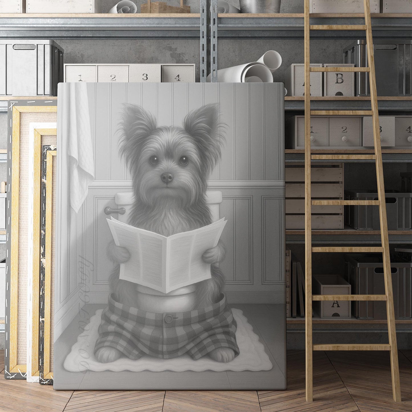 Yorkshire Terrier Dog Reading The Newspaper On The Toilet