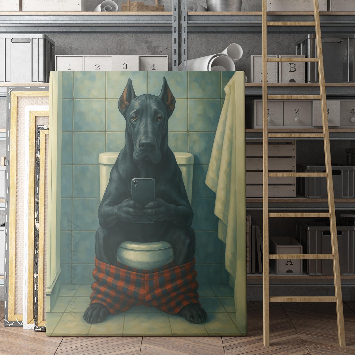 Great Dane On The Phone On The Toilet