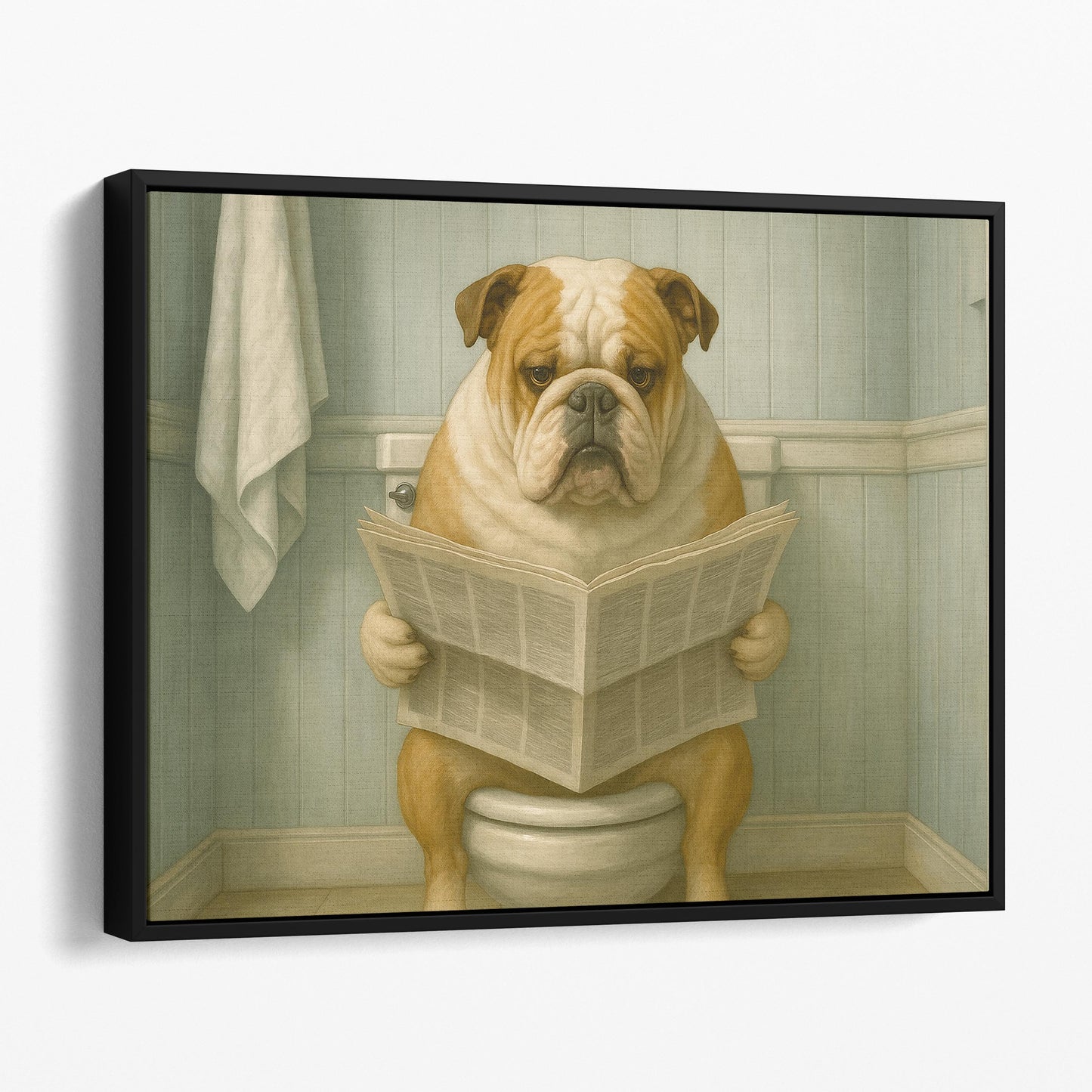 Bulldog Reading The Newspaper On The Toilet