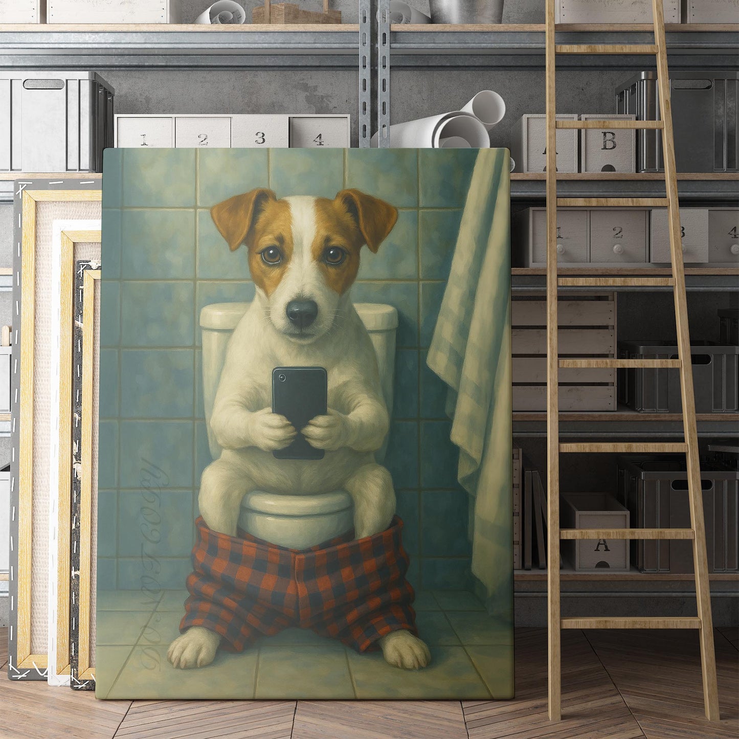 Jack Russell Terrier On The Phone On The Toilet