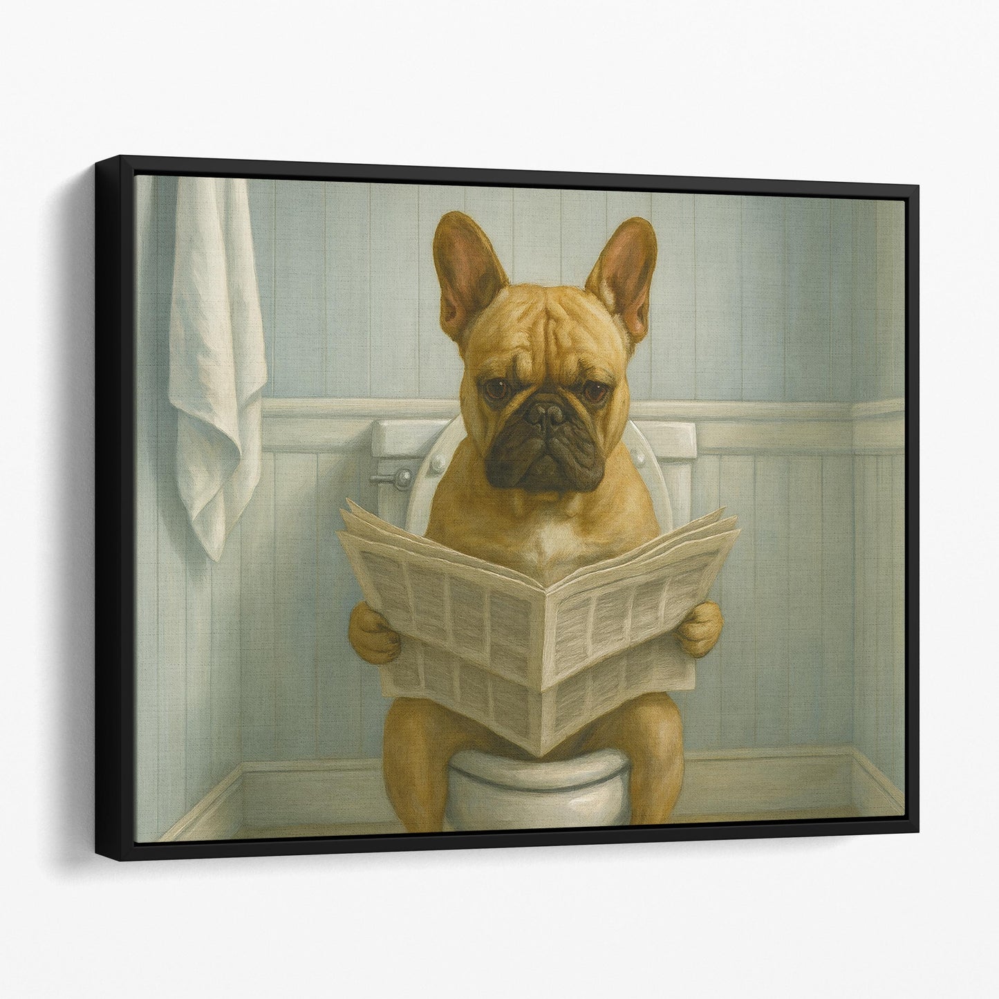 French Bulldog Reading The Newspaper On The Toilet
