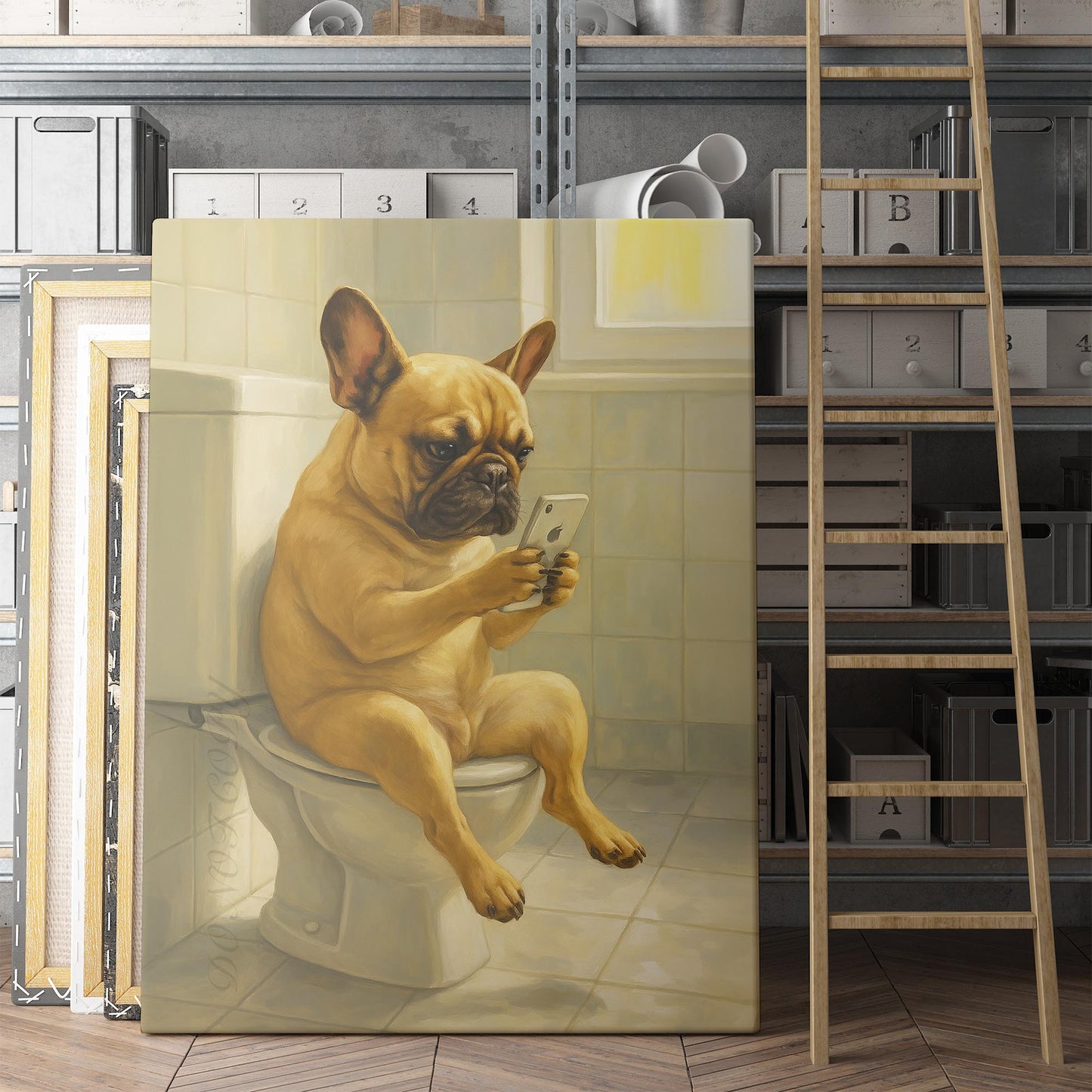 French Bulldog On The Phone On The Toilet