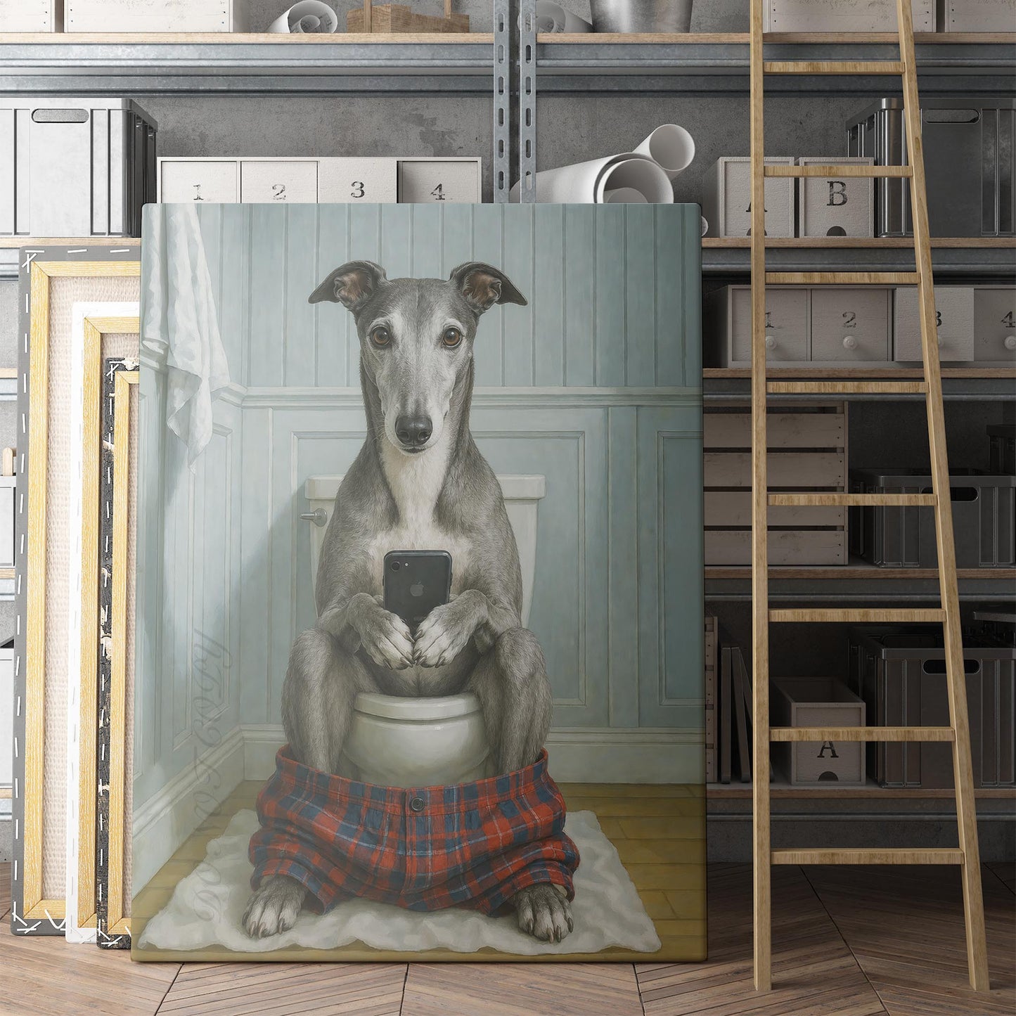 Greyhound Dog On The Phone On The Toilet
