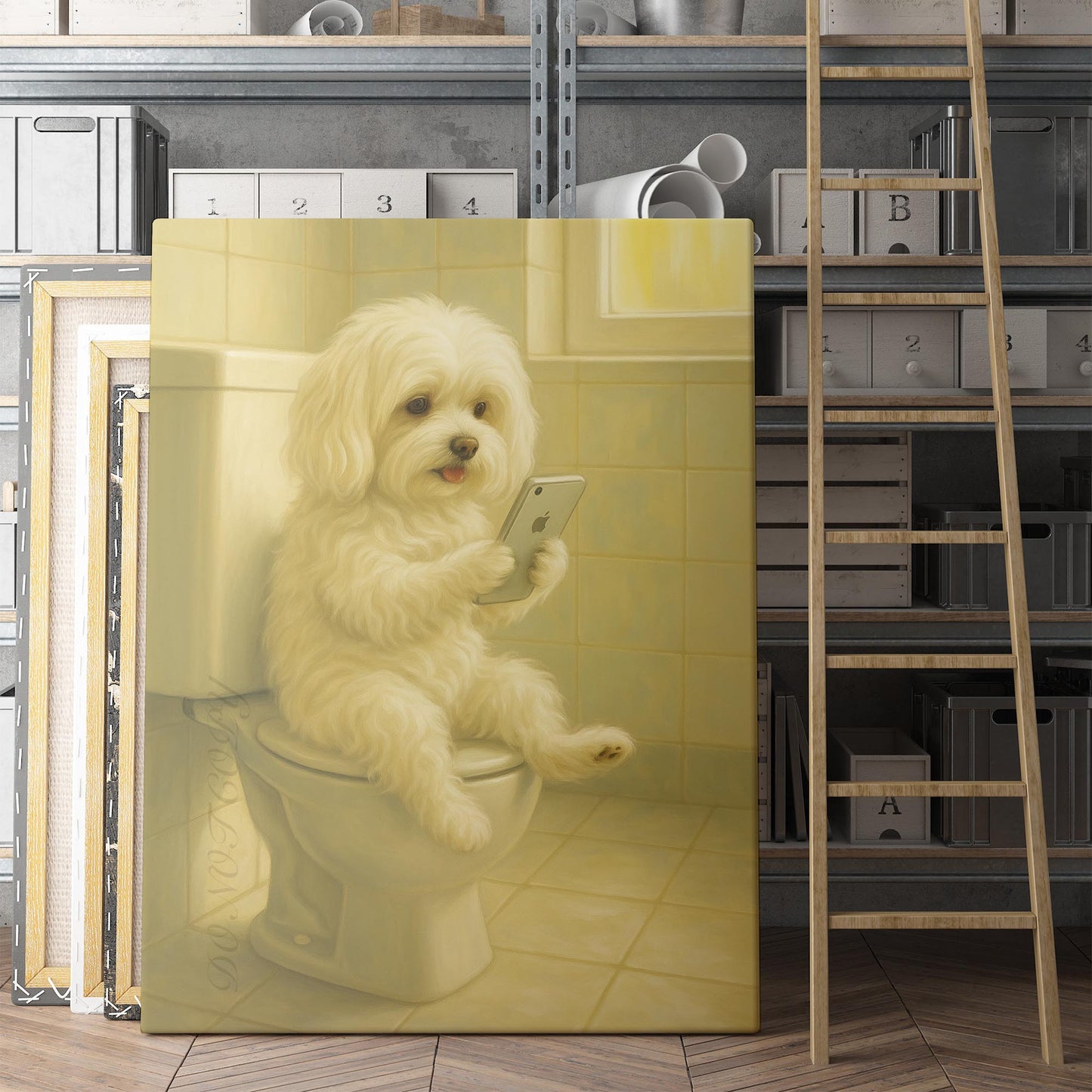 Maltese On The Phone On The Toilet
