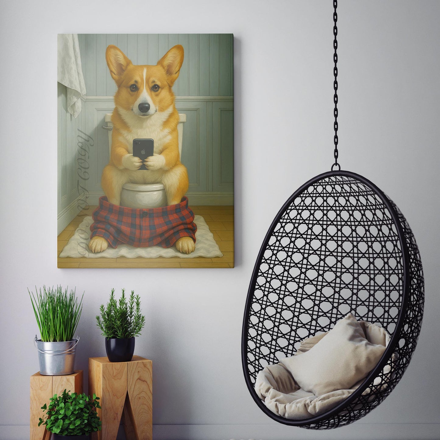 Pembroke Welsh Corgi Dog On The Phone On The Toilet