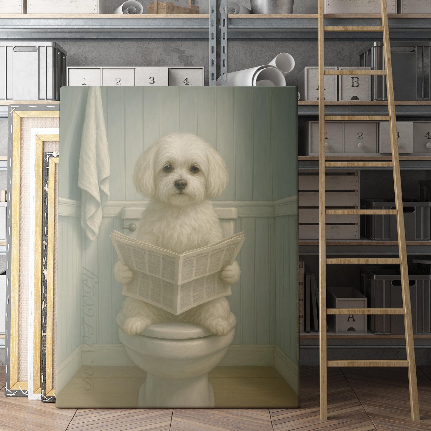 Maltese Dog On The Toilet Reading The Newspaper