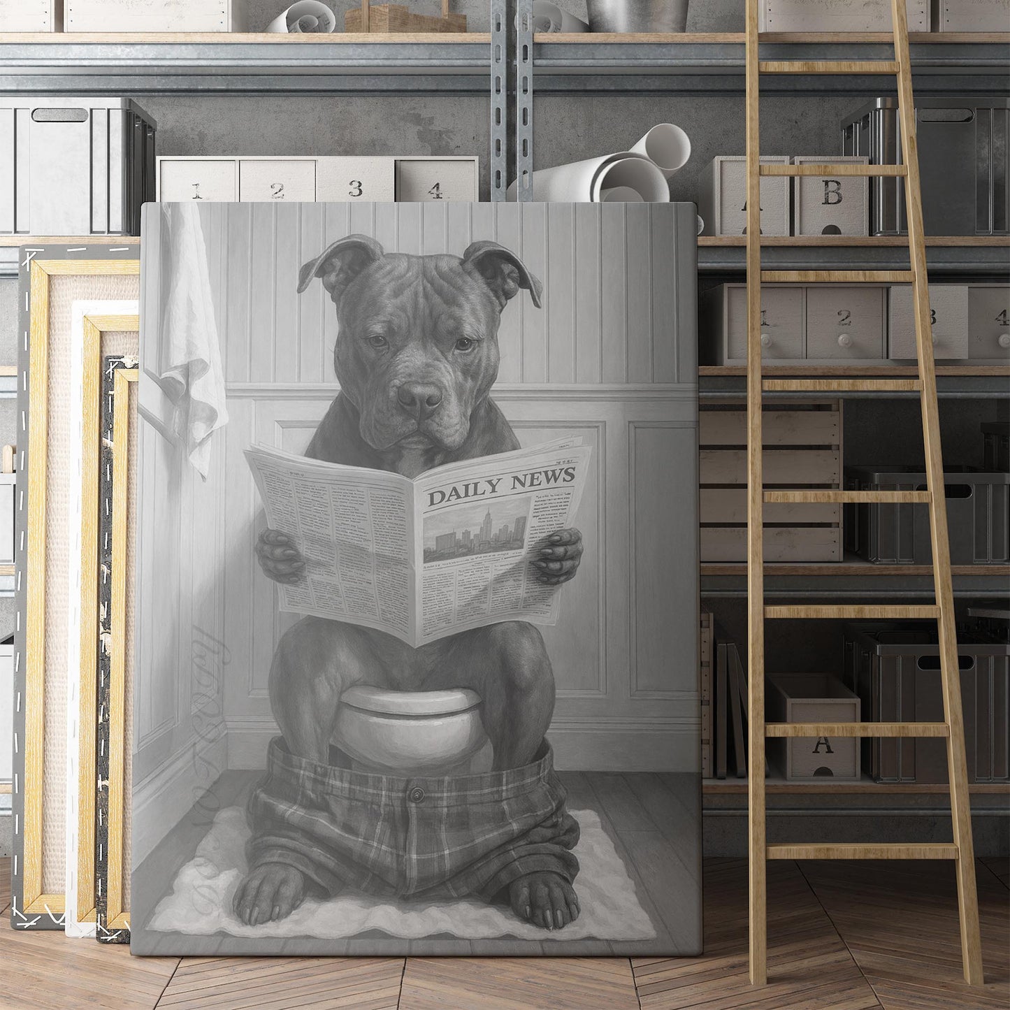 Pit Bull Terrier Reading The Newspaper On The Toilet