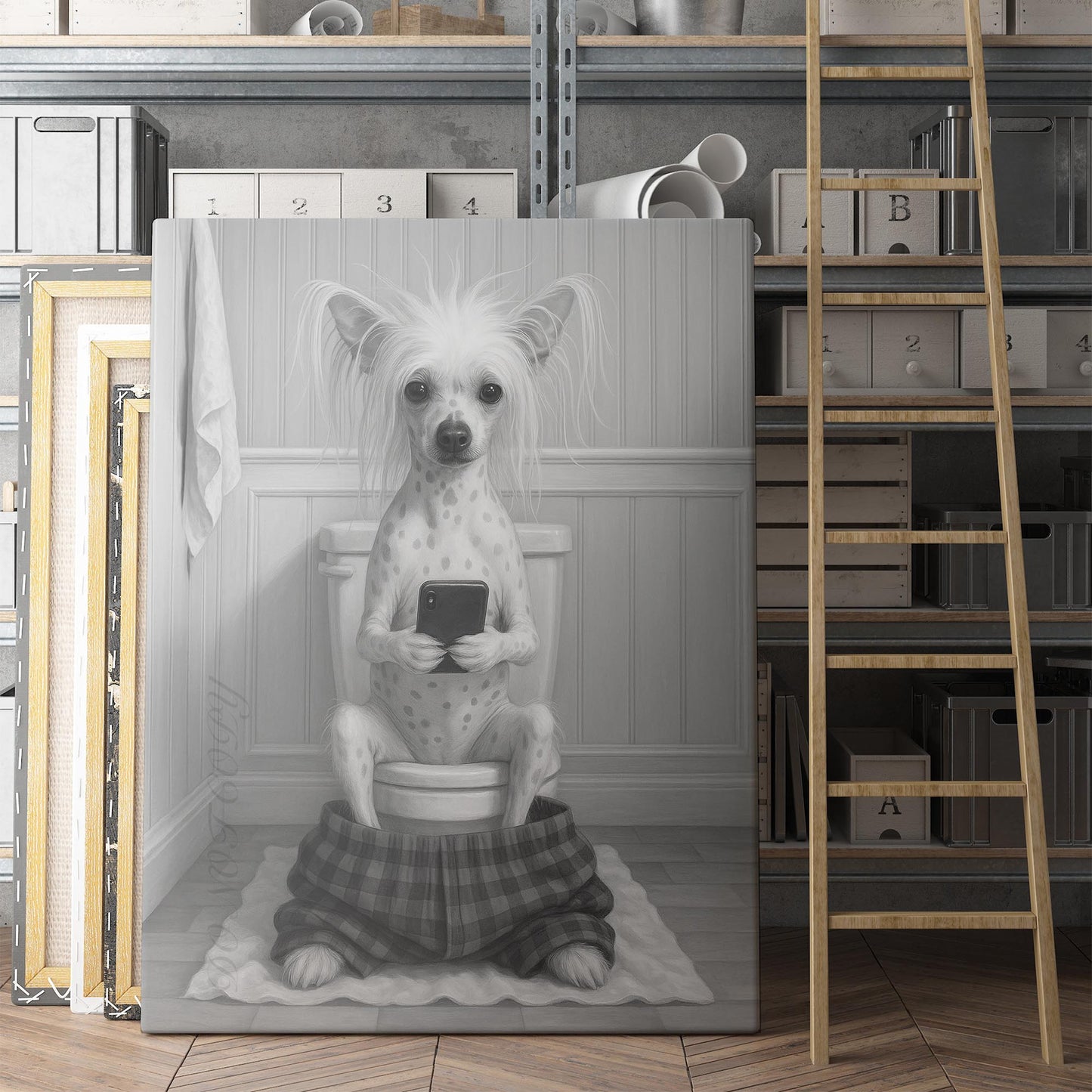 Chinese Crested Dog On The Phone On The Toilet