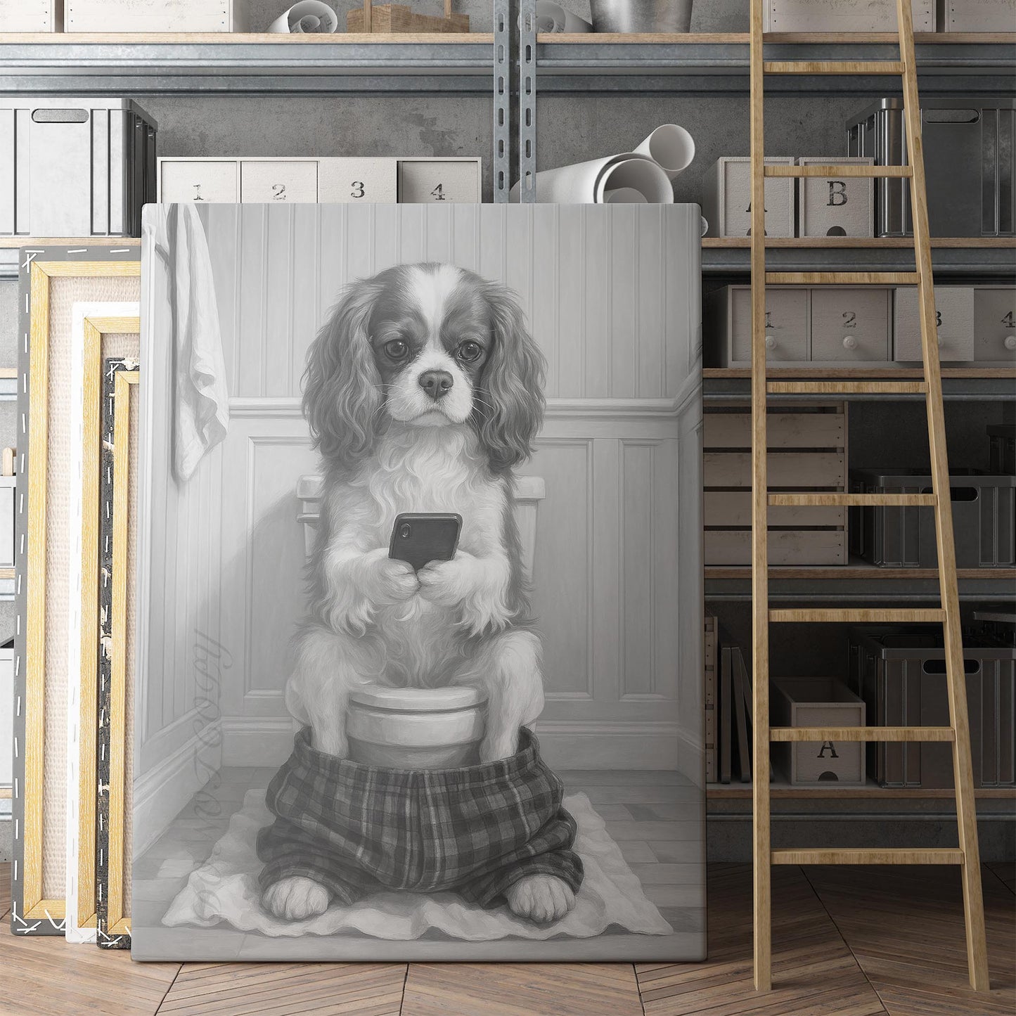 Cavalier King Charles Dog On The Phone On The Toilet