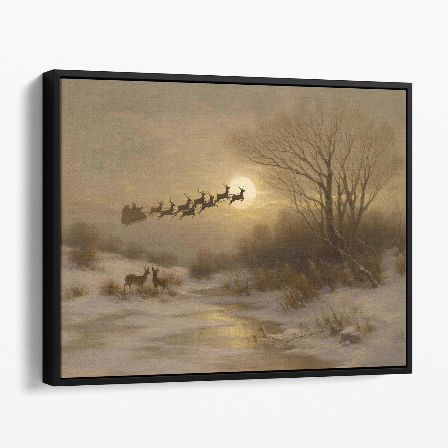Santa Claus Flying Over Snowy Landscape