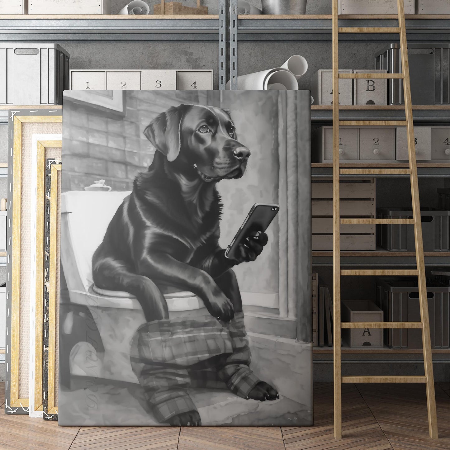 Black Labrador On The Toilet On The Phone