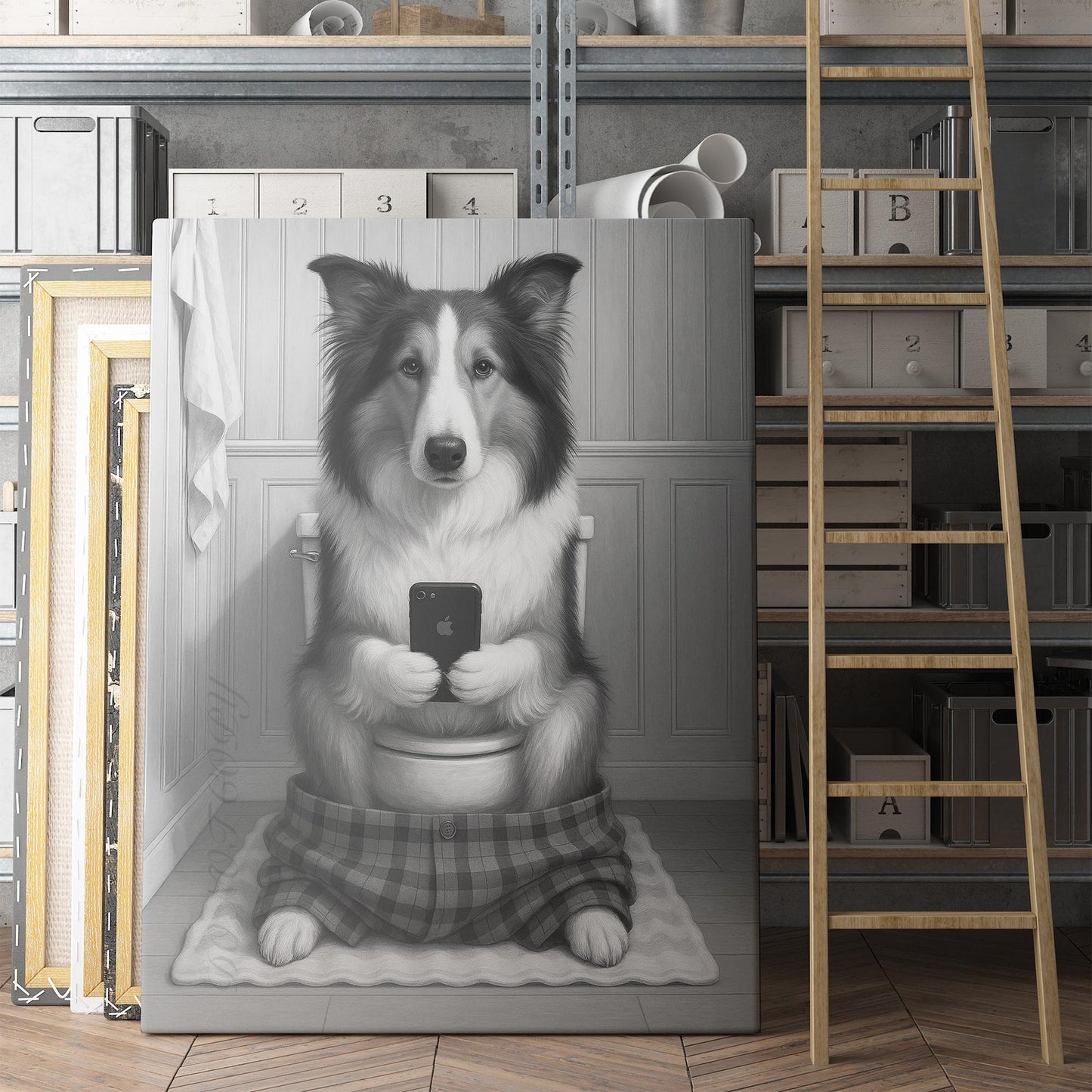 Collie Dog On The Phone On The Toilet