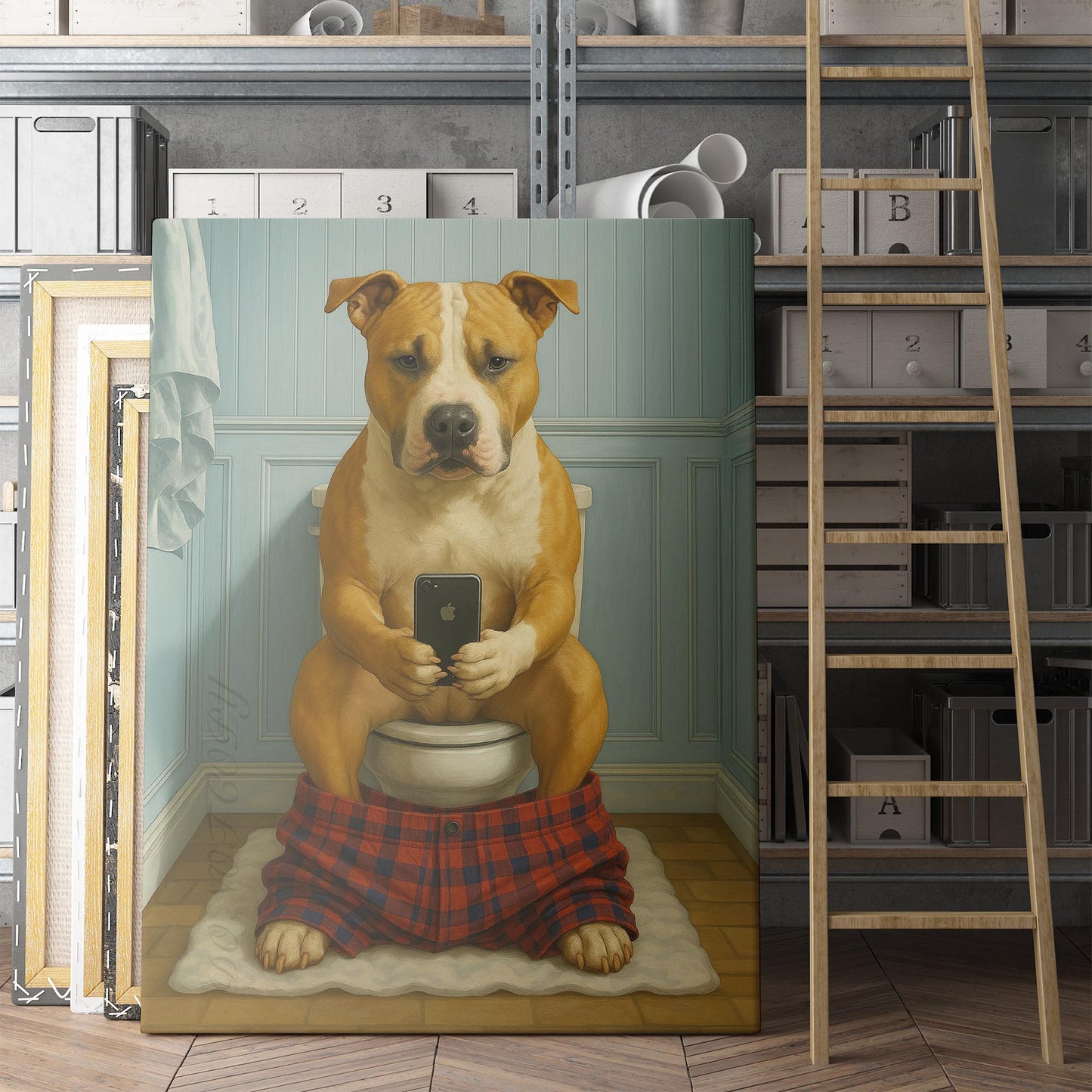 American Staffordshire Terrier Dog On The Phone On The Toilet