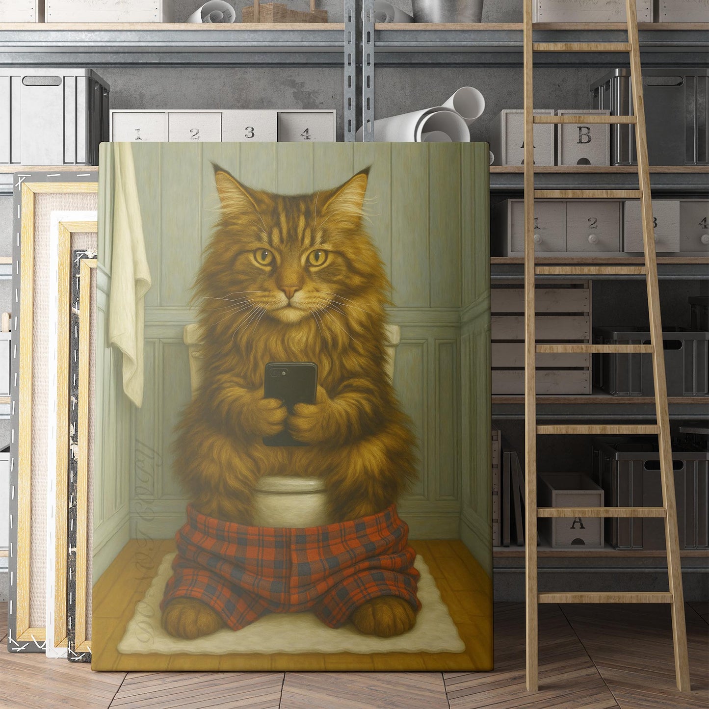 Maine Coon Cat On The Phone On The Toilet