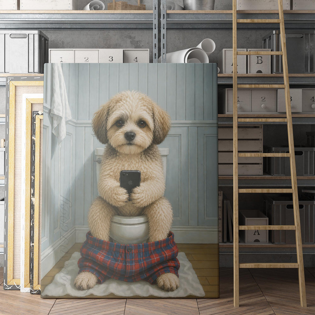 Shih-Poo Dog On The Phone On The Toilet