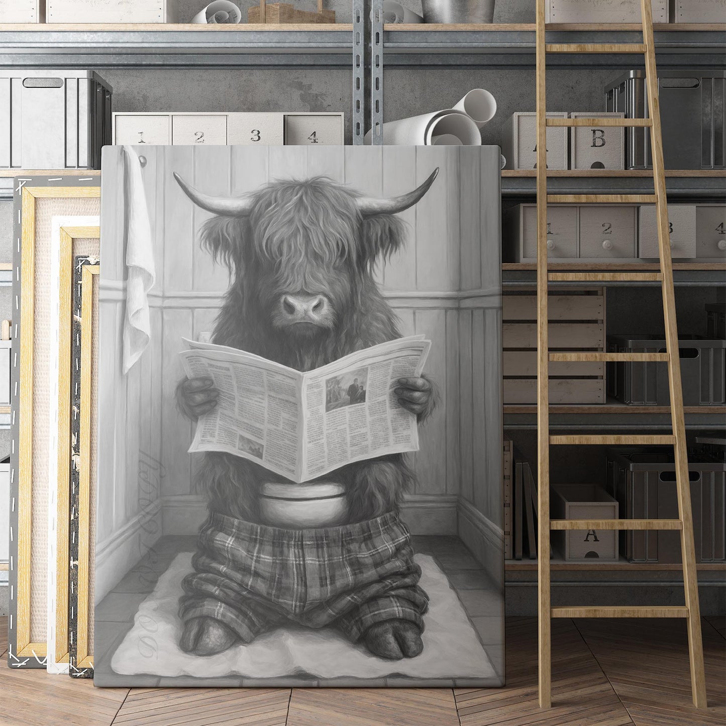 Highland Cow Reading The Newspaper On The Toilet