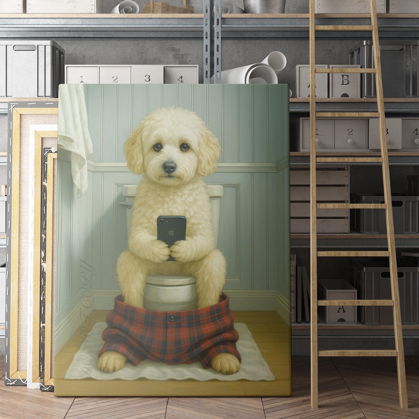 Maltipoo Dog On The Phone On The Toilet