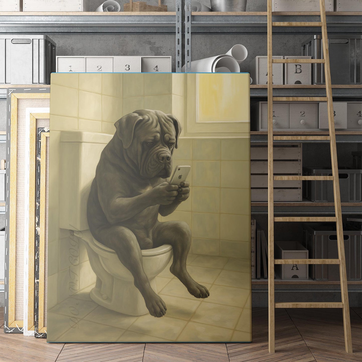 Cane Corso Dog On The Phone On The Toilet