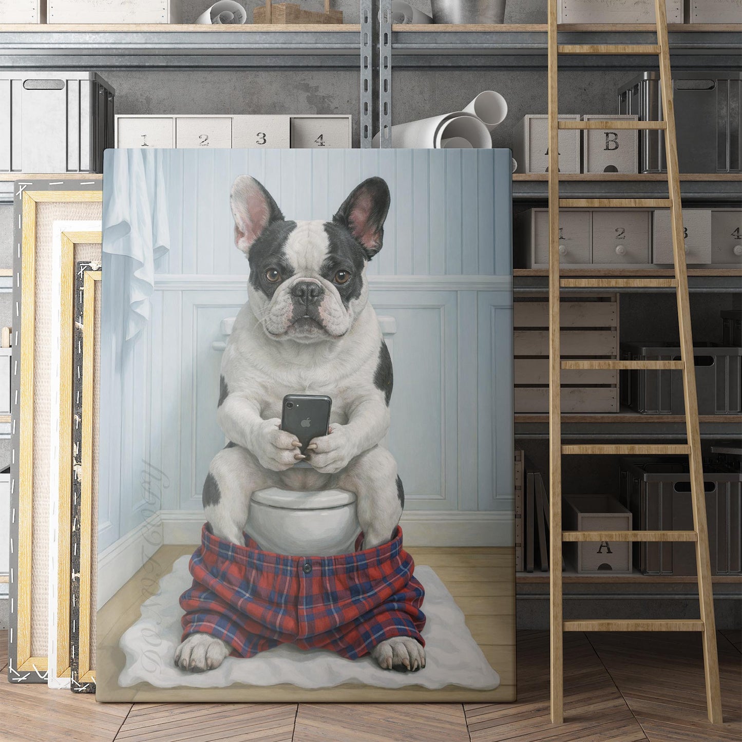 Pied French Bulldog On The Phone On The Toilet