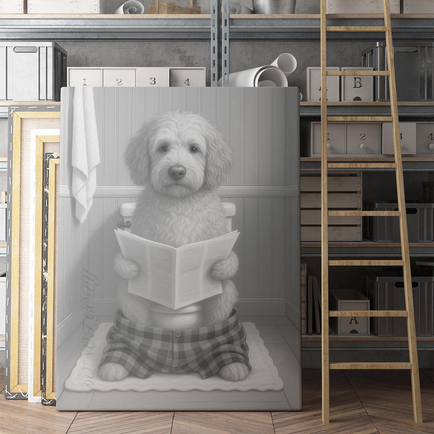 Labradoodle Dog Reading The Newspaper On The Toilet