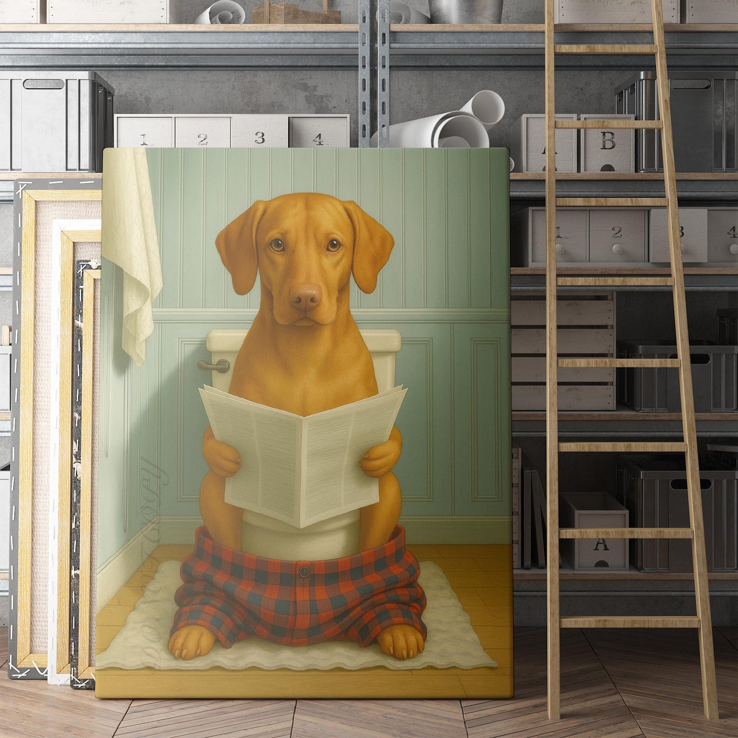 Vizsla Dog Reading The Newspaper On The Toilet