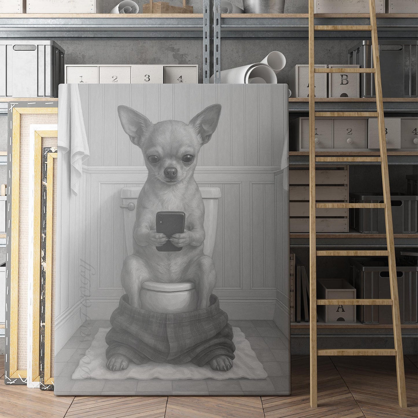 Chihuahua Dog On The Phone On The Toilet