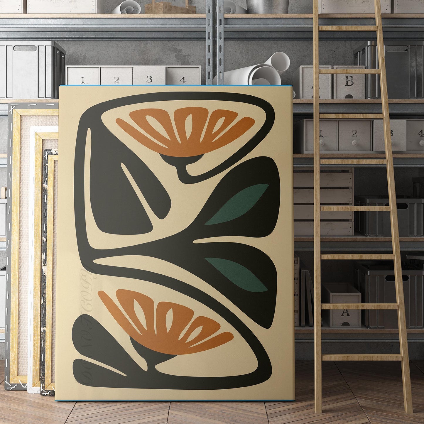 Burnt Orange & Teal Mid Century Flower