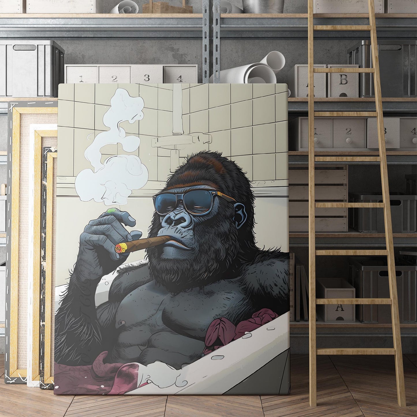 Gorilla In The Bathtub Smoking His Cigar