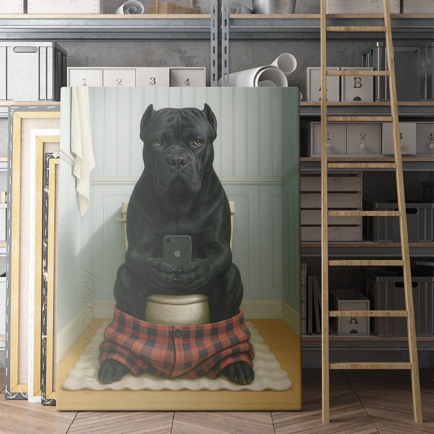 Cane Corso Dog On The Phone On The Toilet