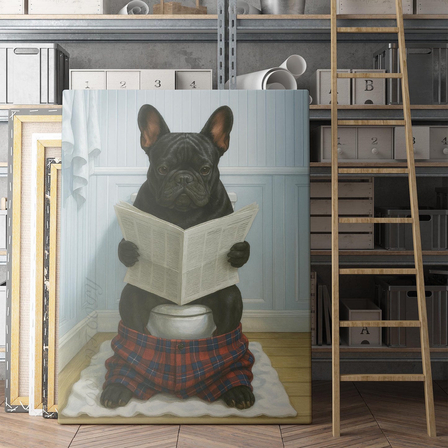 French Bulldog Reading The Newspaper On The Toilet