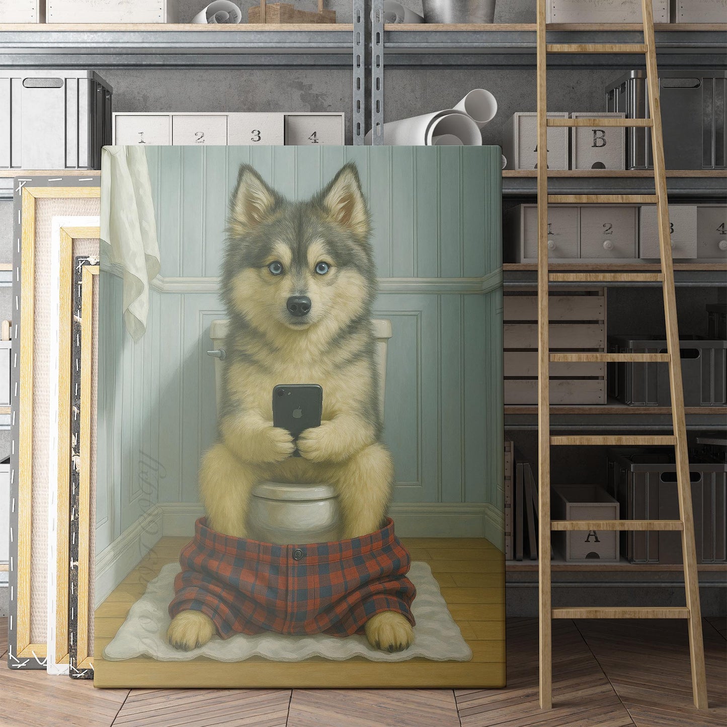 Pomsky Dog On The Phone On The Toilet