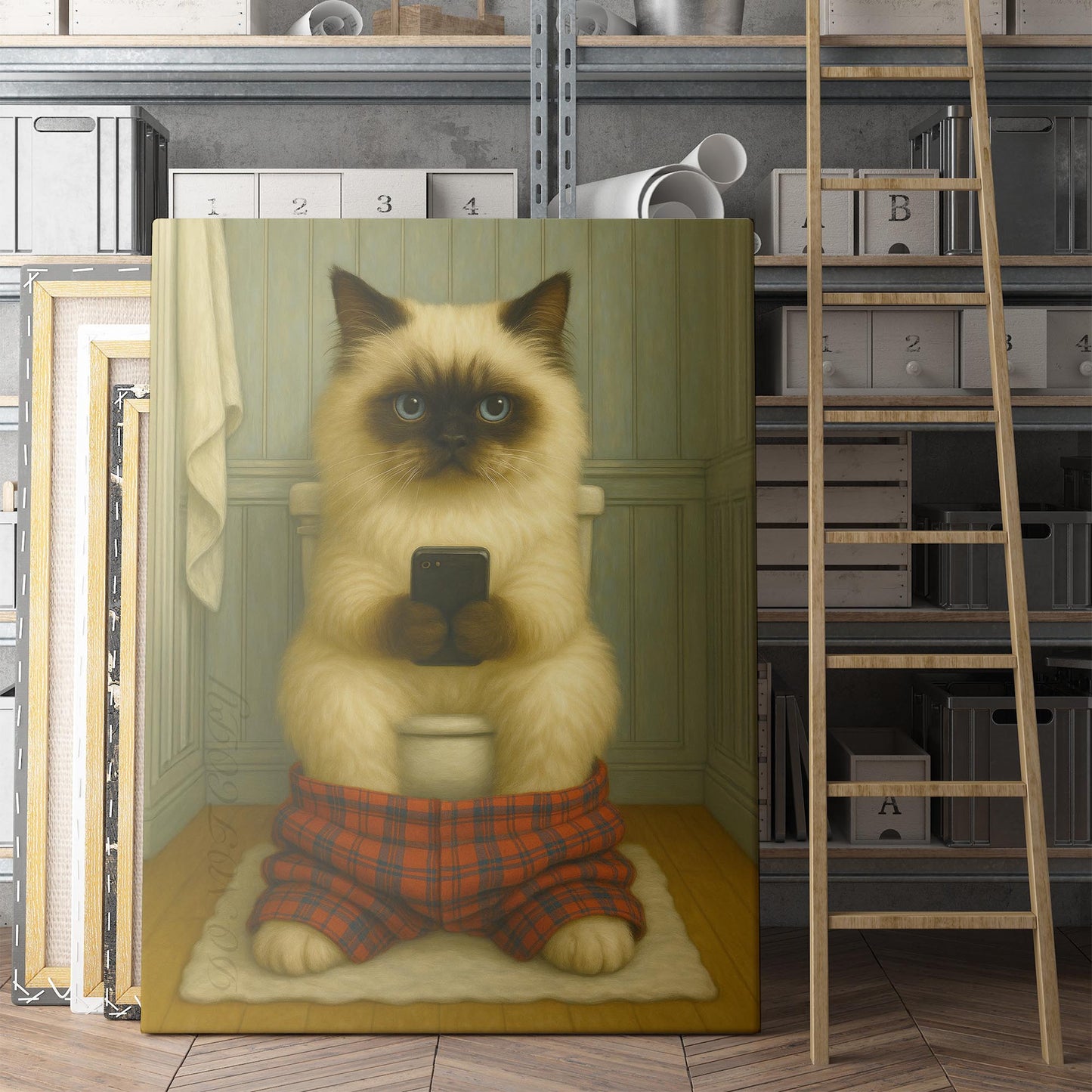 Himalayan Cat On The Phone On The Toilet