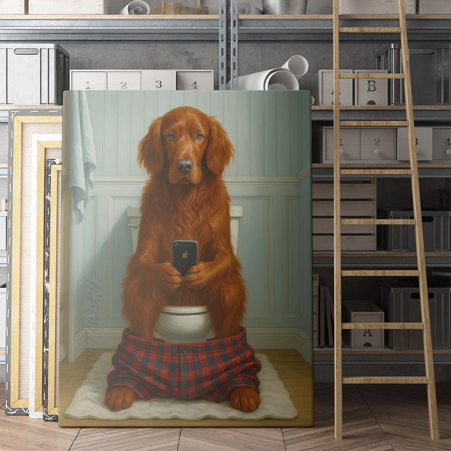 Irish Setter Dog On The Phone On The Toilet
