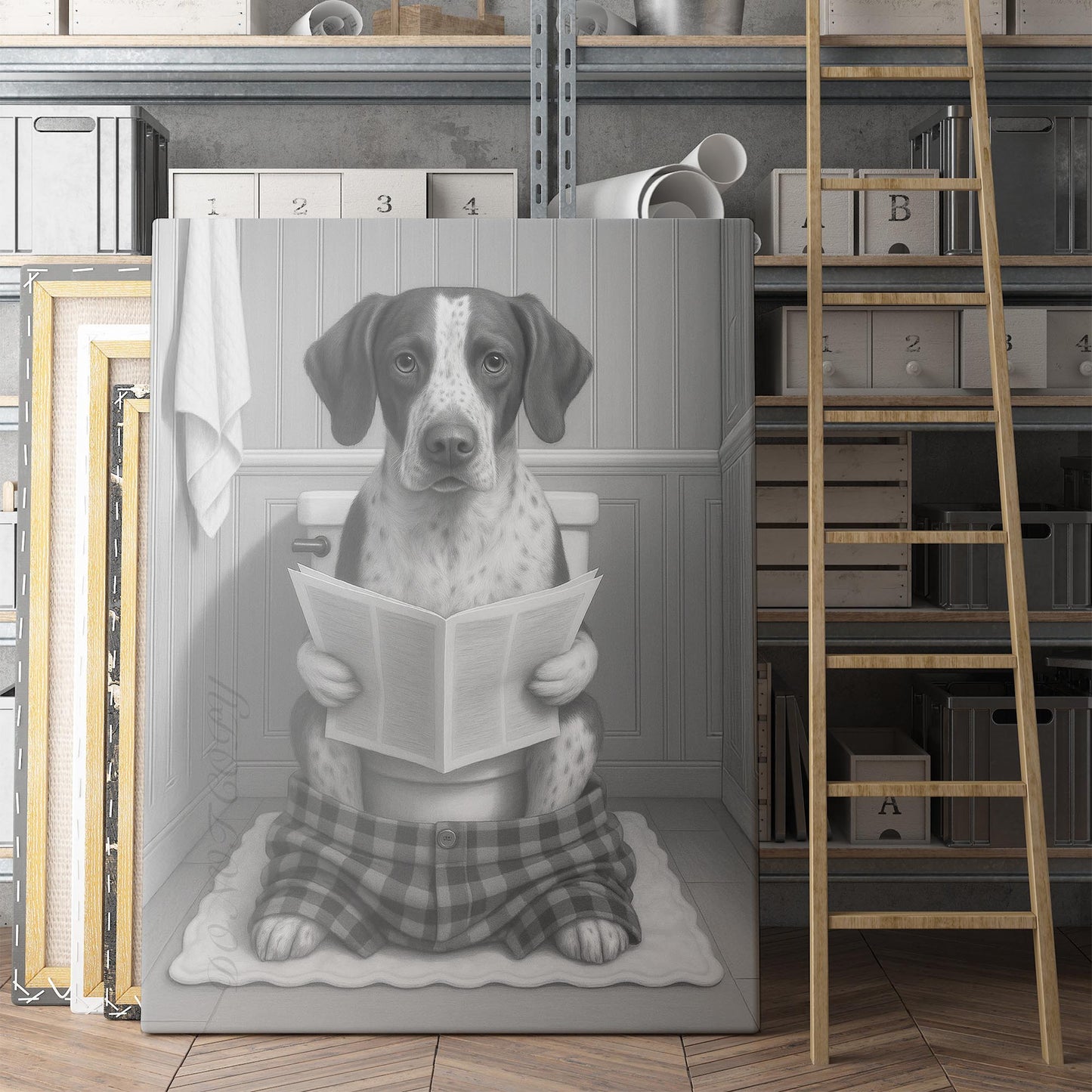 German Shorthaired Pointer Dog Reading The Newspaper On The Toilet